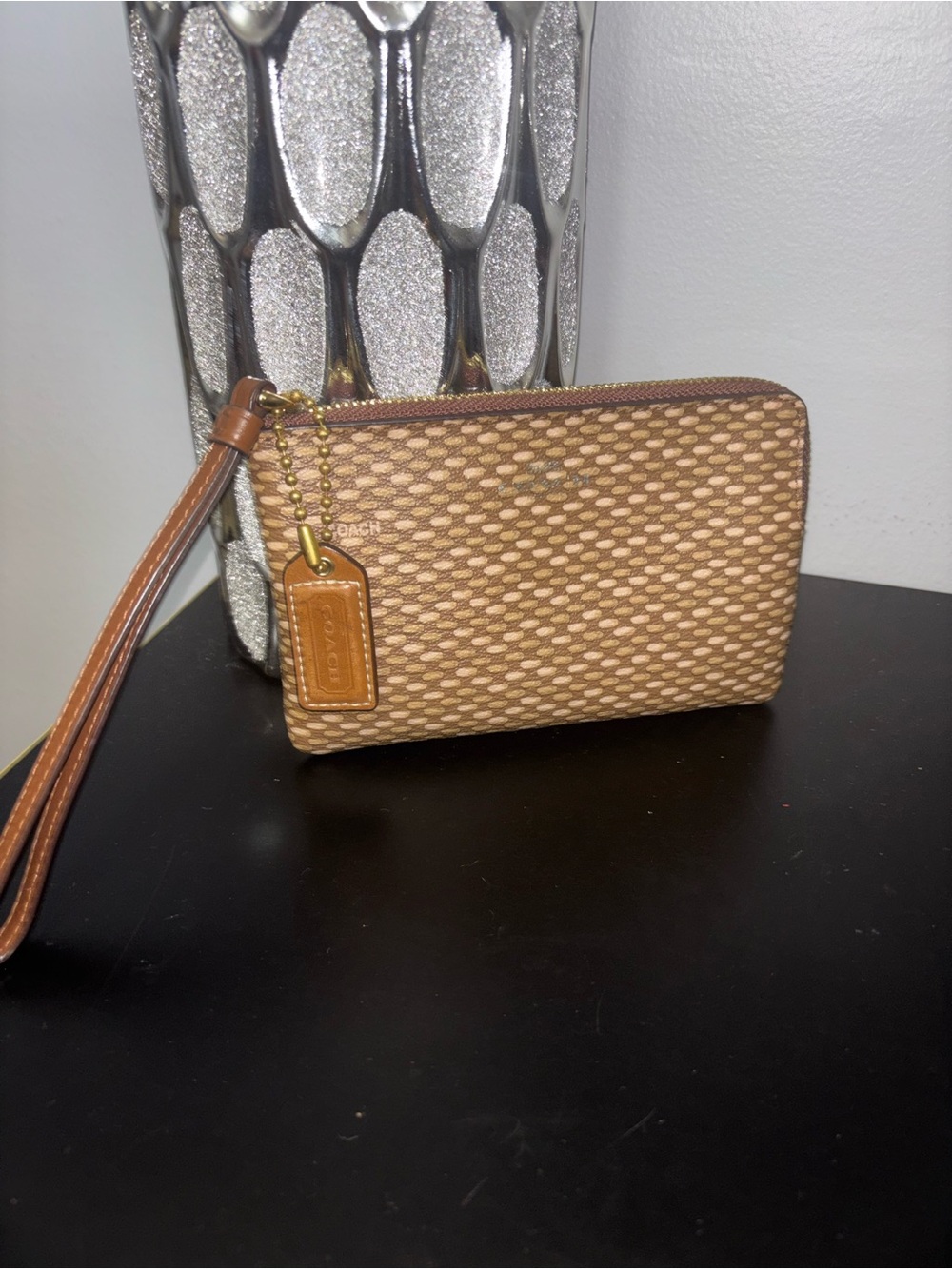 Coach Brown/Tan Signature Wristlet with Leather Trim